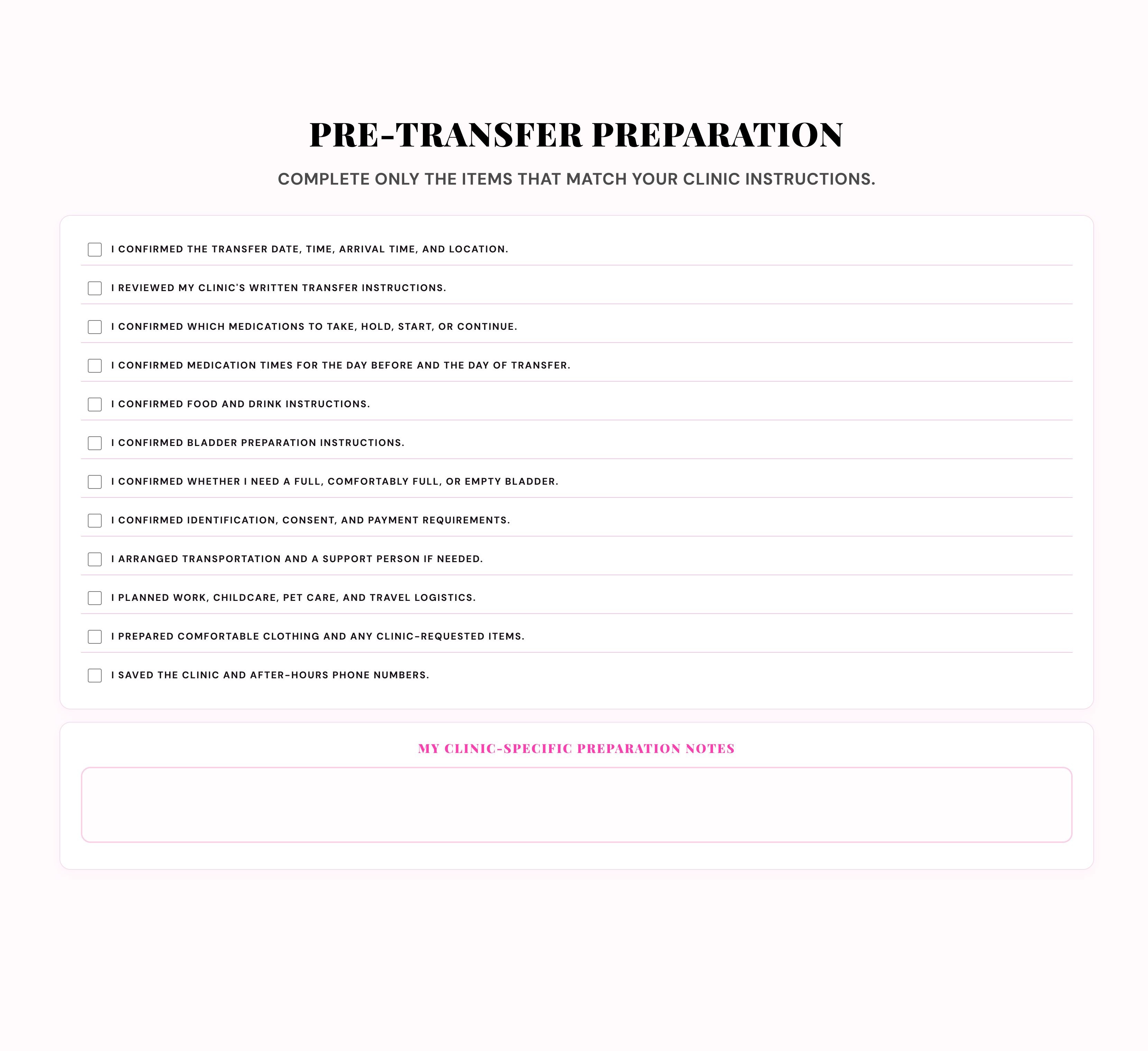 CLINICAL PREPARATION TRANSFER CHECKLIST