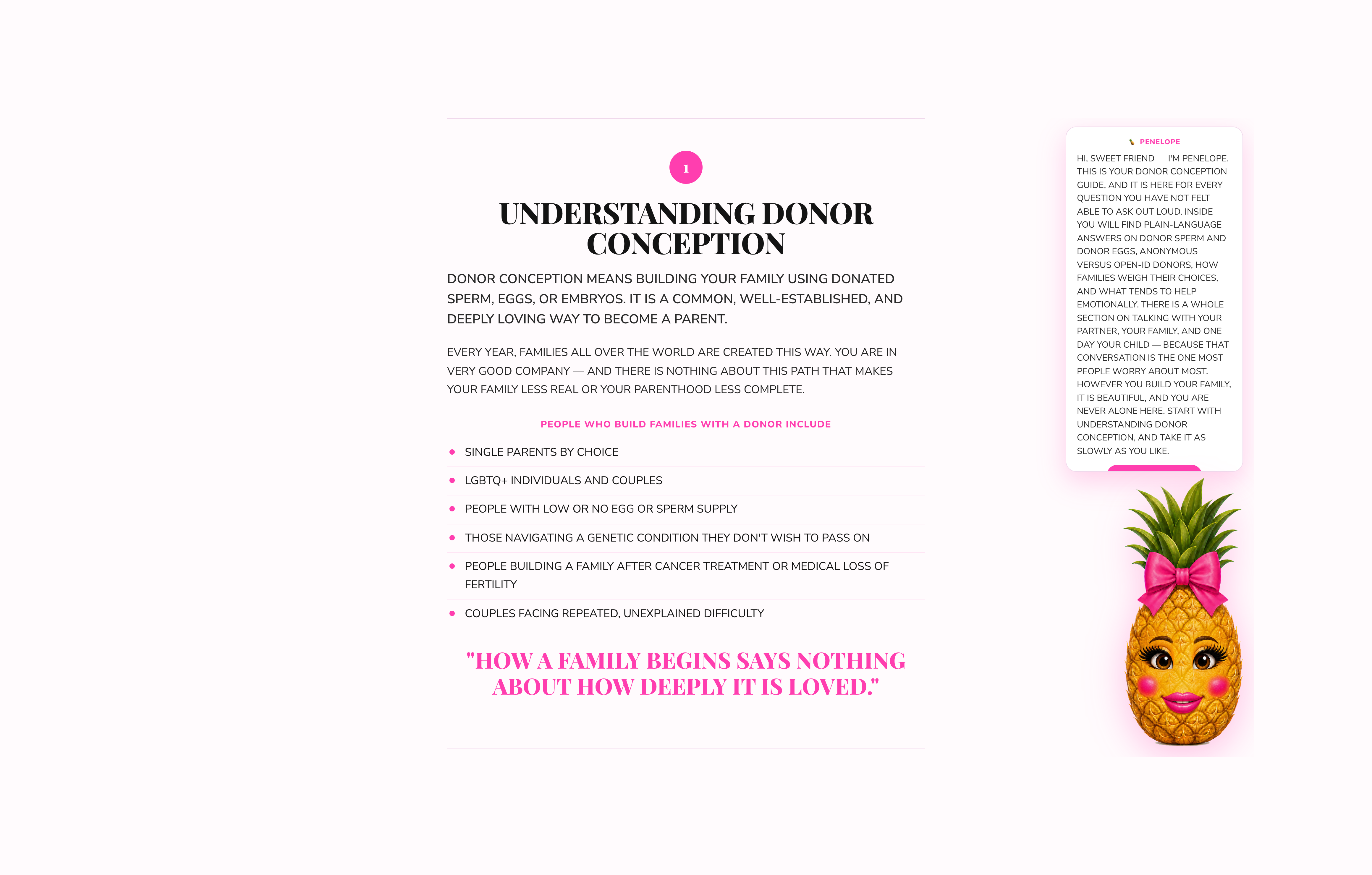 Donor Conception Guide section 1, Understanding Donor Conception, with Penelope guidance and the Hear Penelope read-aloud control