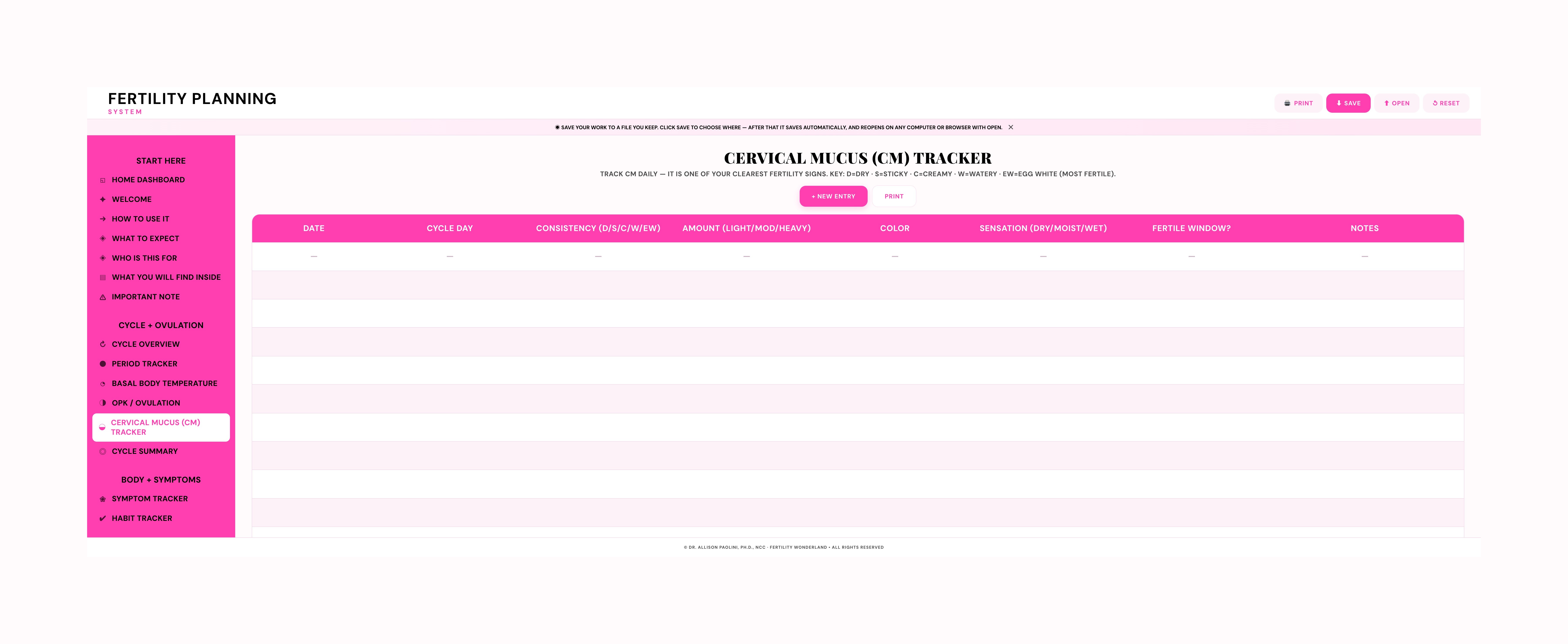 Fertility Planning System Cervical Mucus tracker showing date, cycle day, consistency, amount, color, sensation, fertile window and notes columns