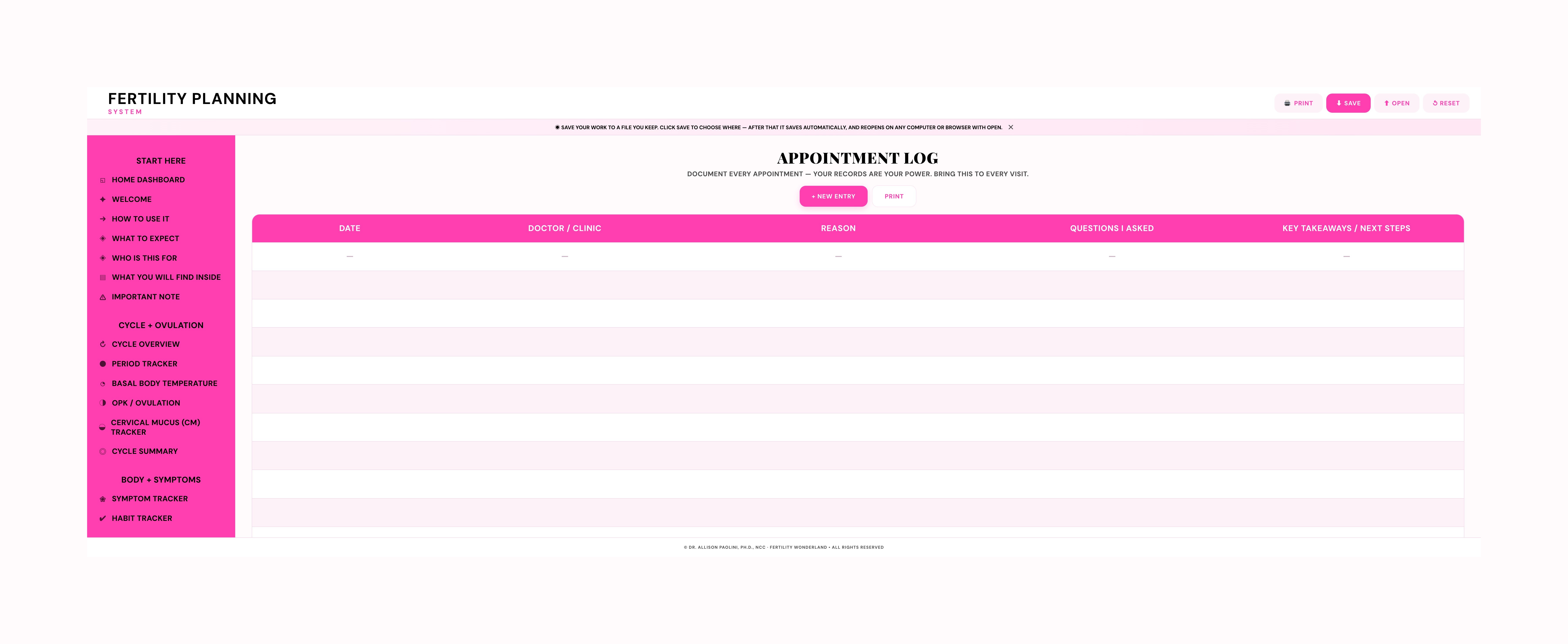 Fertility Planning System Appointment Log showing date, doctor/clinic, reason, questions asked and key takeaways columns