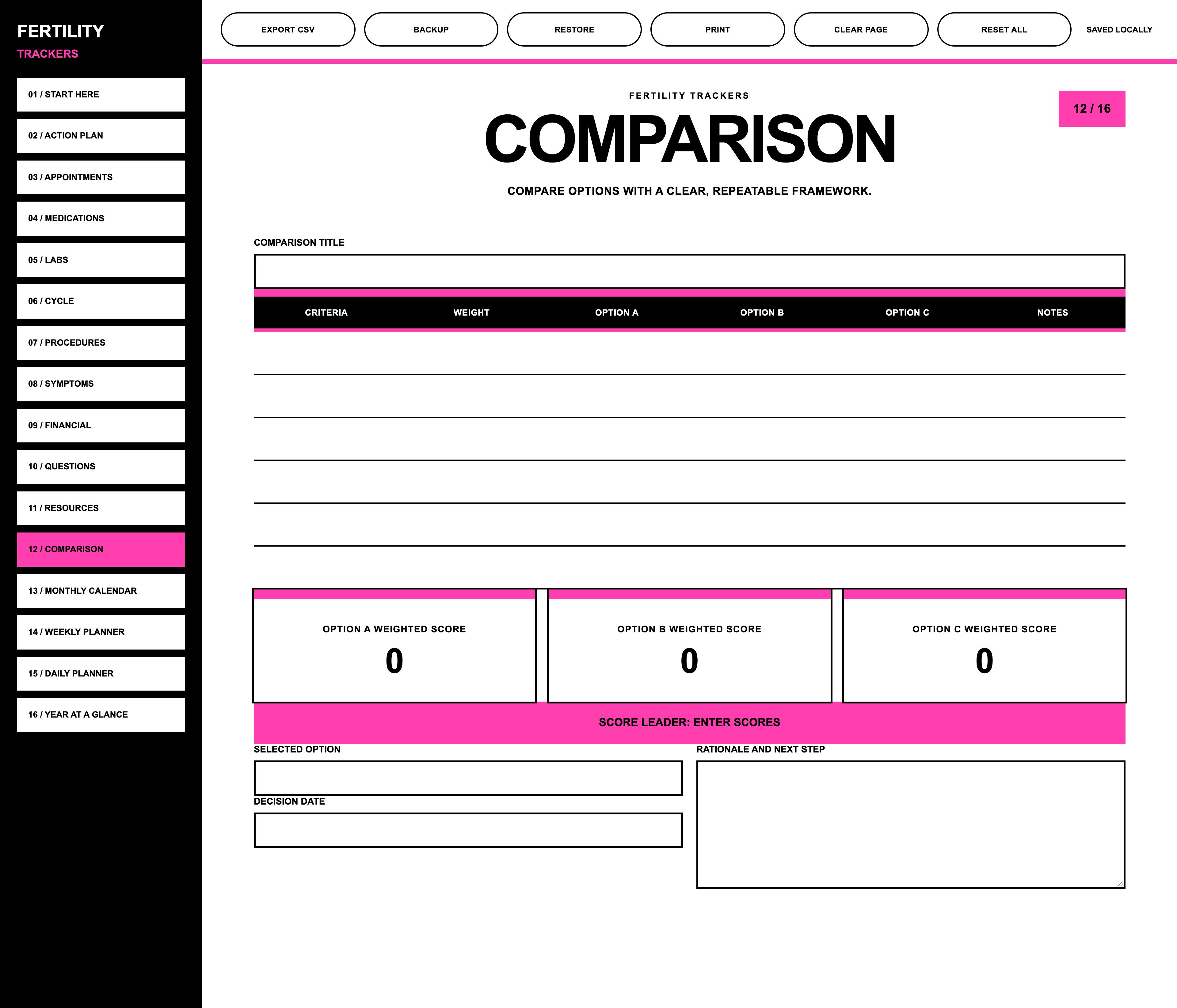 Fertility Trackers Comparison Matrix showing criteria, weight, and Option A, B, C columns