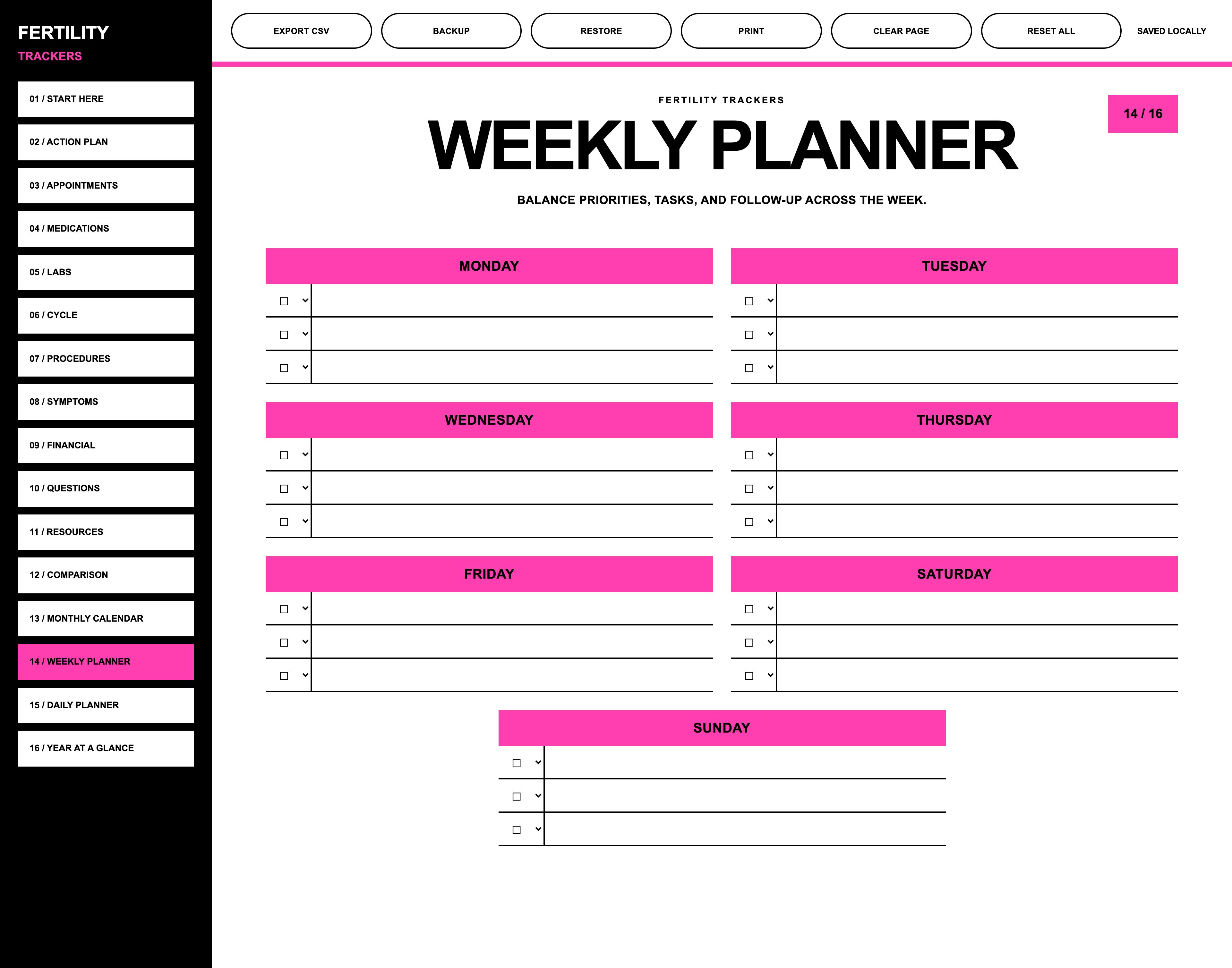Fertility Trackers Weekly Planner showing Monday through Sunday task rows