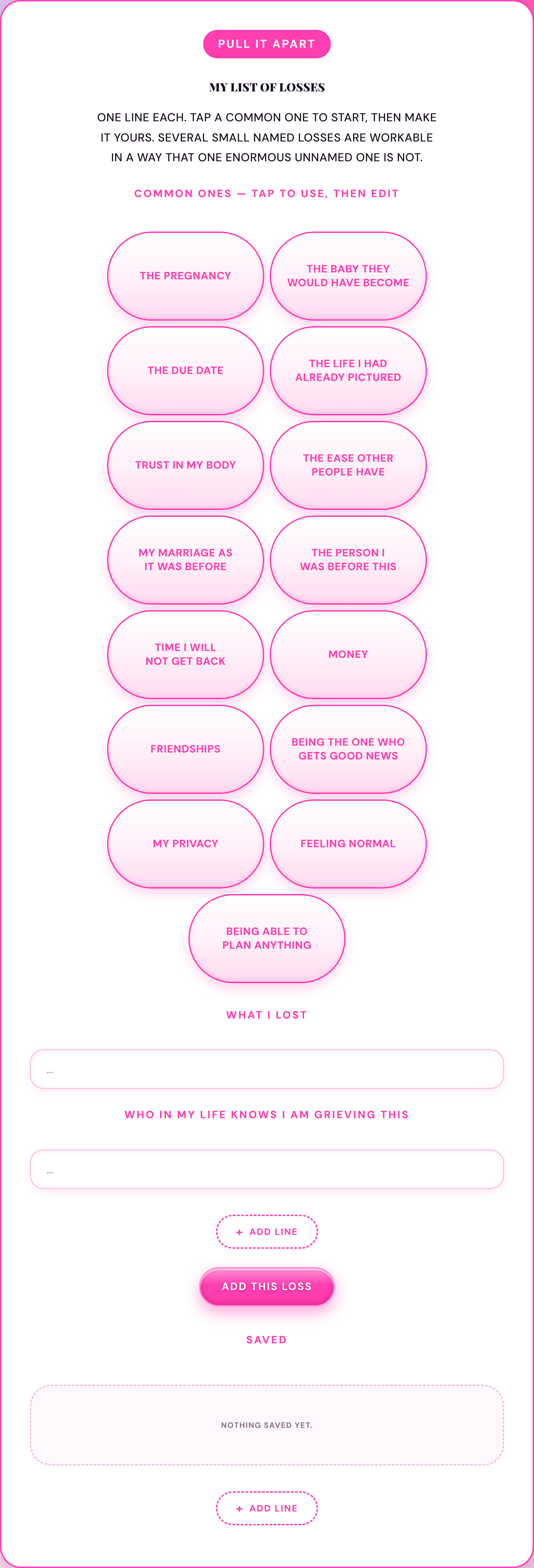 Infertility Grief Workbook naming-your-grief page showing My List of Losses
