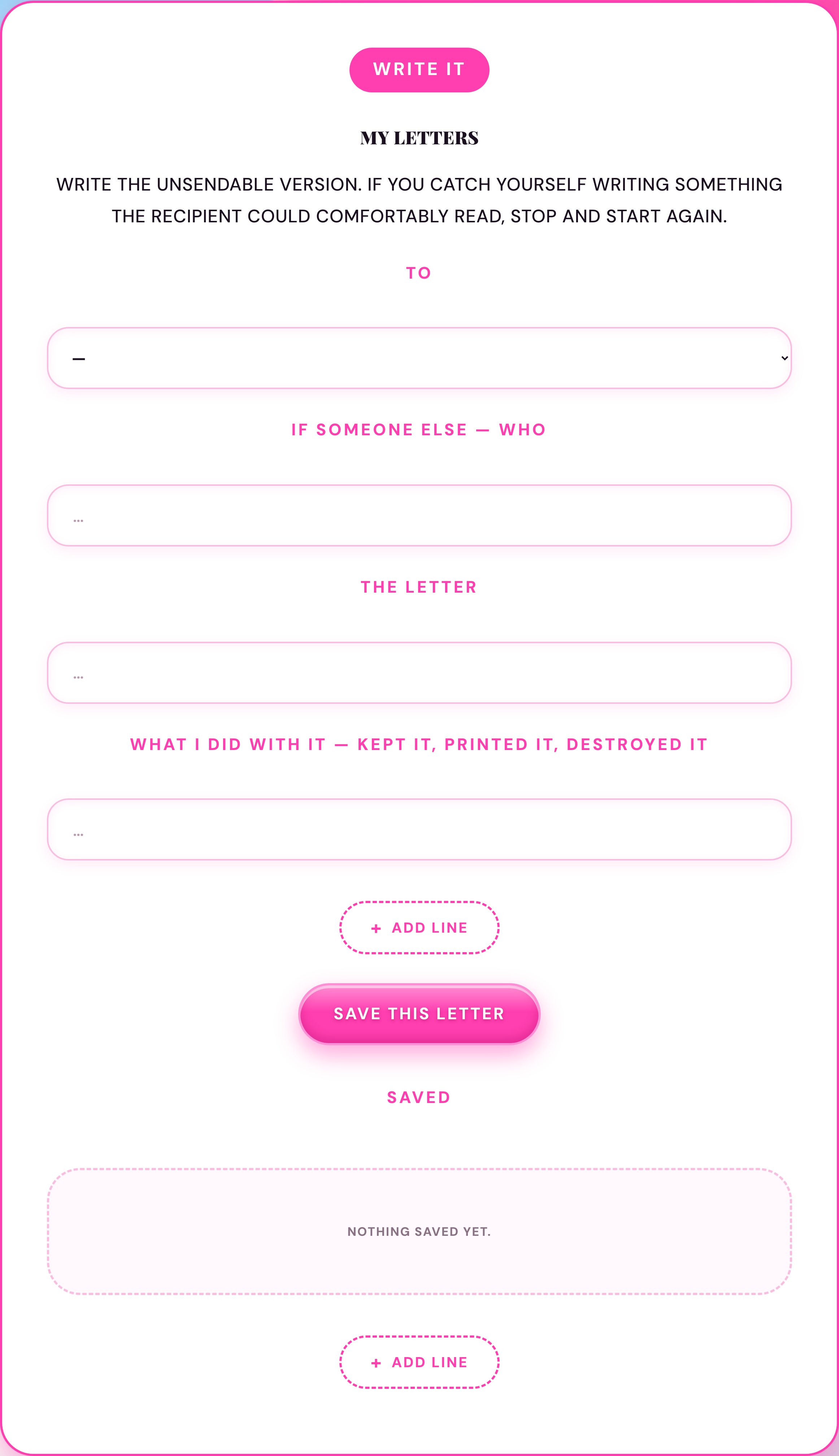 Infertility Grief Workbook unsent-letter exercise showing My Letters fields