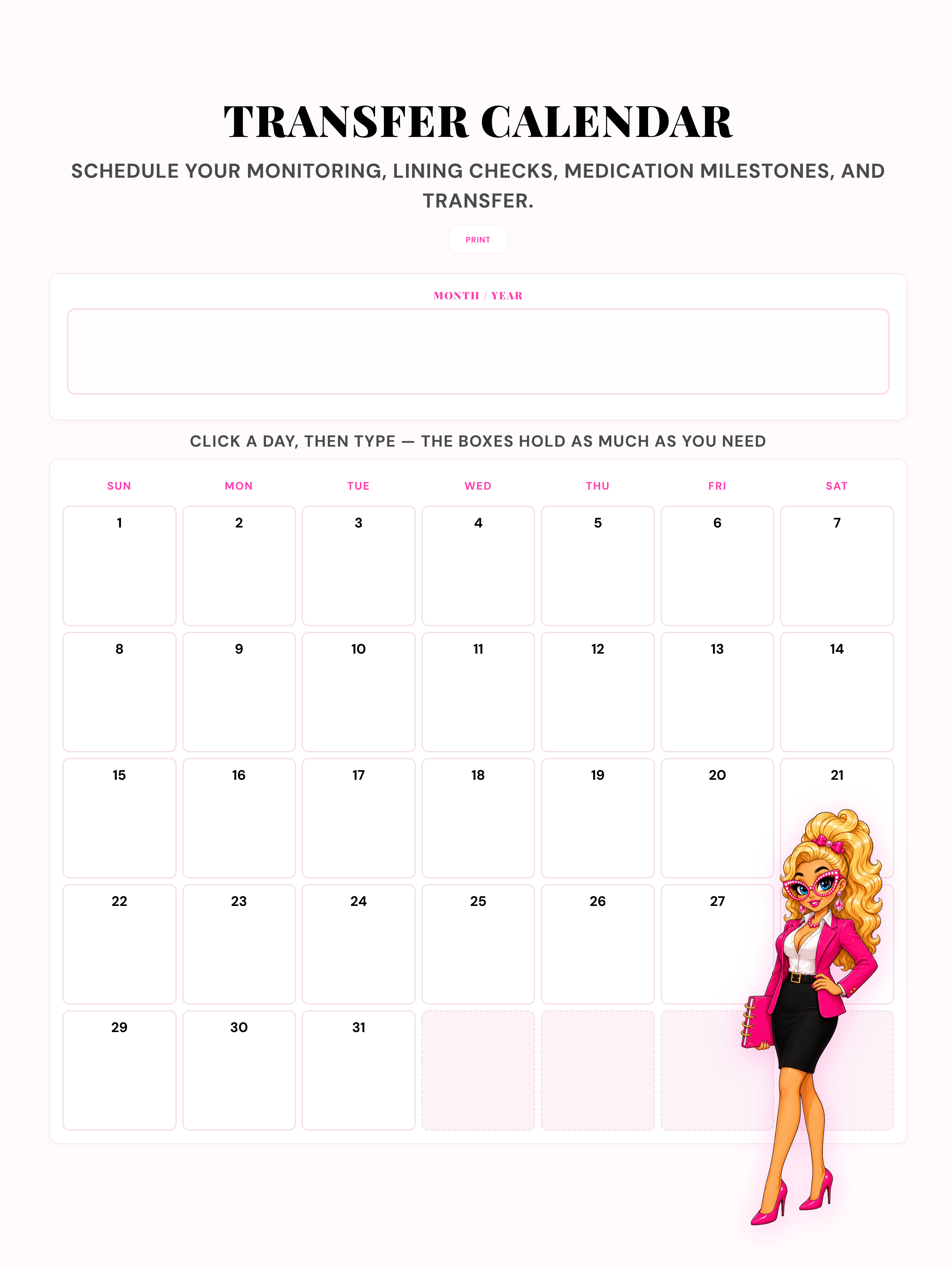 Miss Data-Riffic Embryo Transfer Planner Transfer Calendar showing a monthly grid for scheduling monitoring, lining checks, medication milestones and the transfer