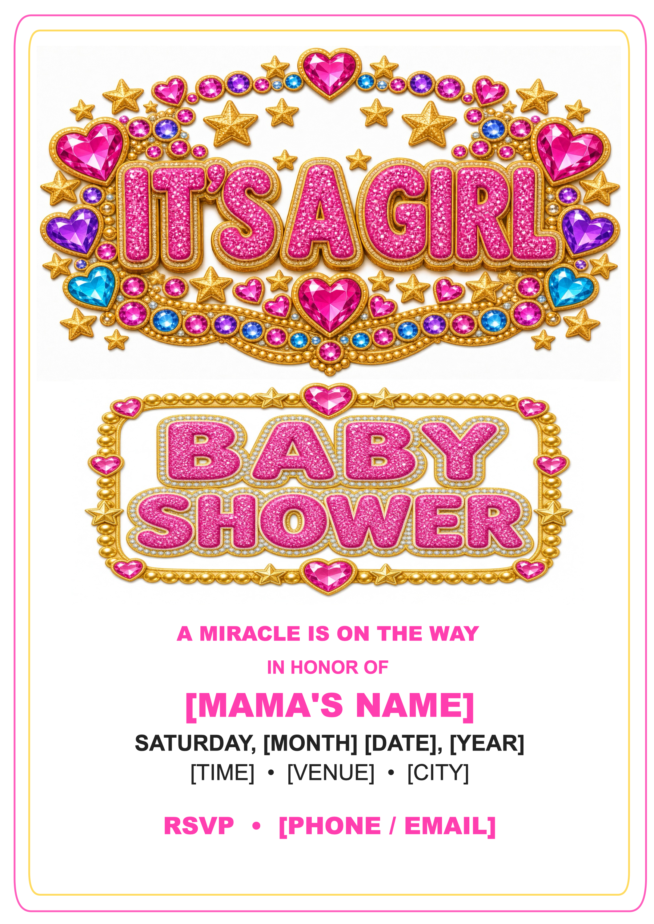 Princess EggXcellence pink jeweled Girl baby shower invitation with mama's name, date, time, venue, city and RSVP fields