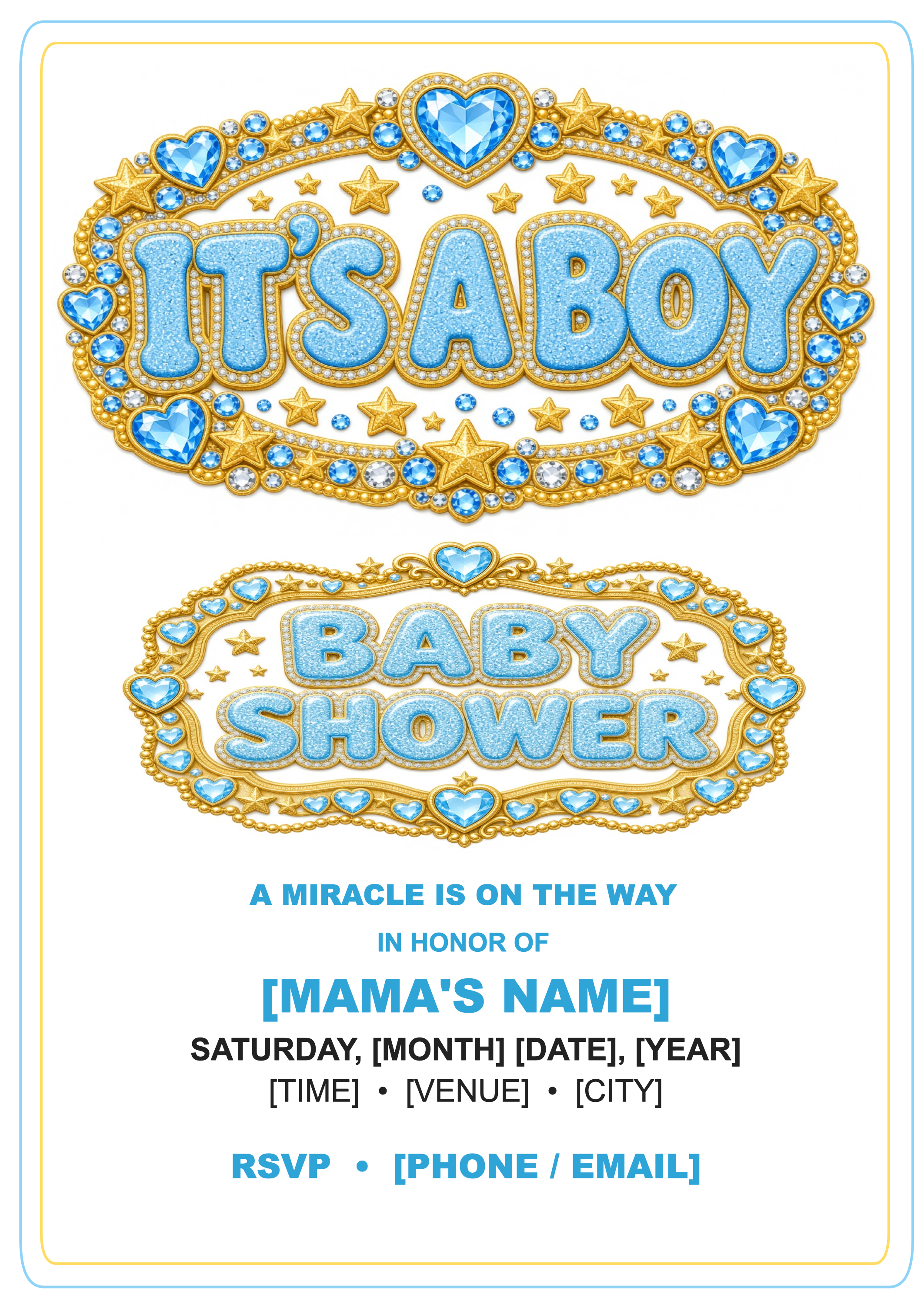 Princess EggXcellence blue jeweled Boy baby shower invitation with mama's name, date, time, venue, city and RSVP fields
