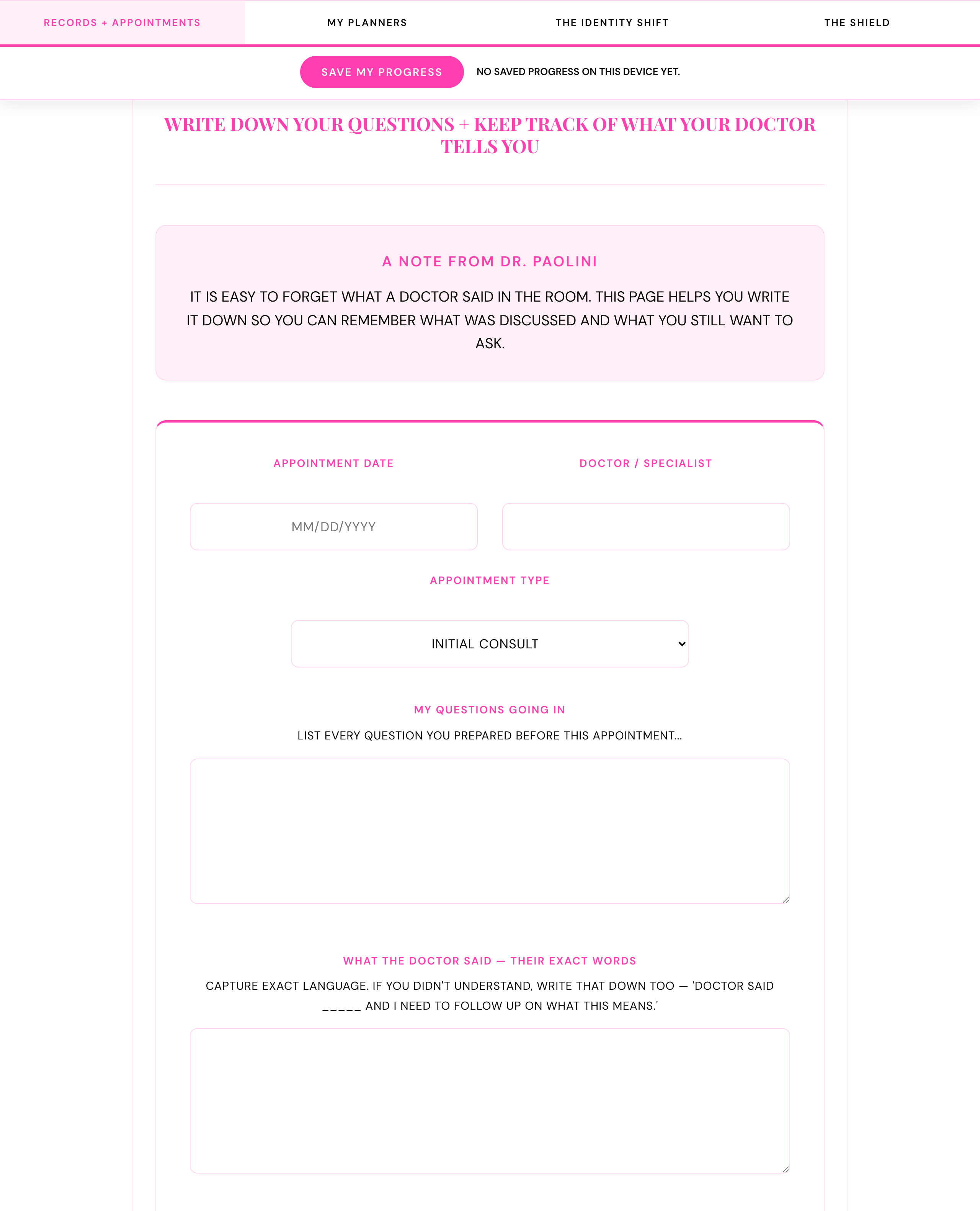 PINNACLE questions and appointment notes page
