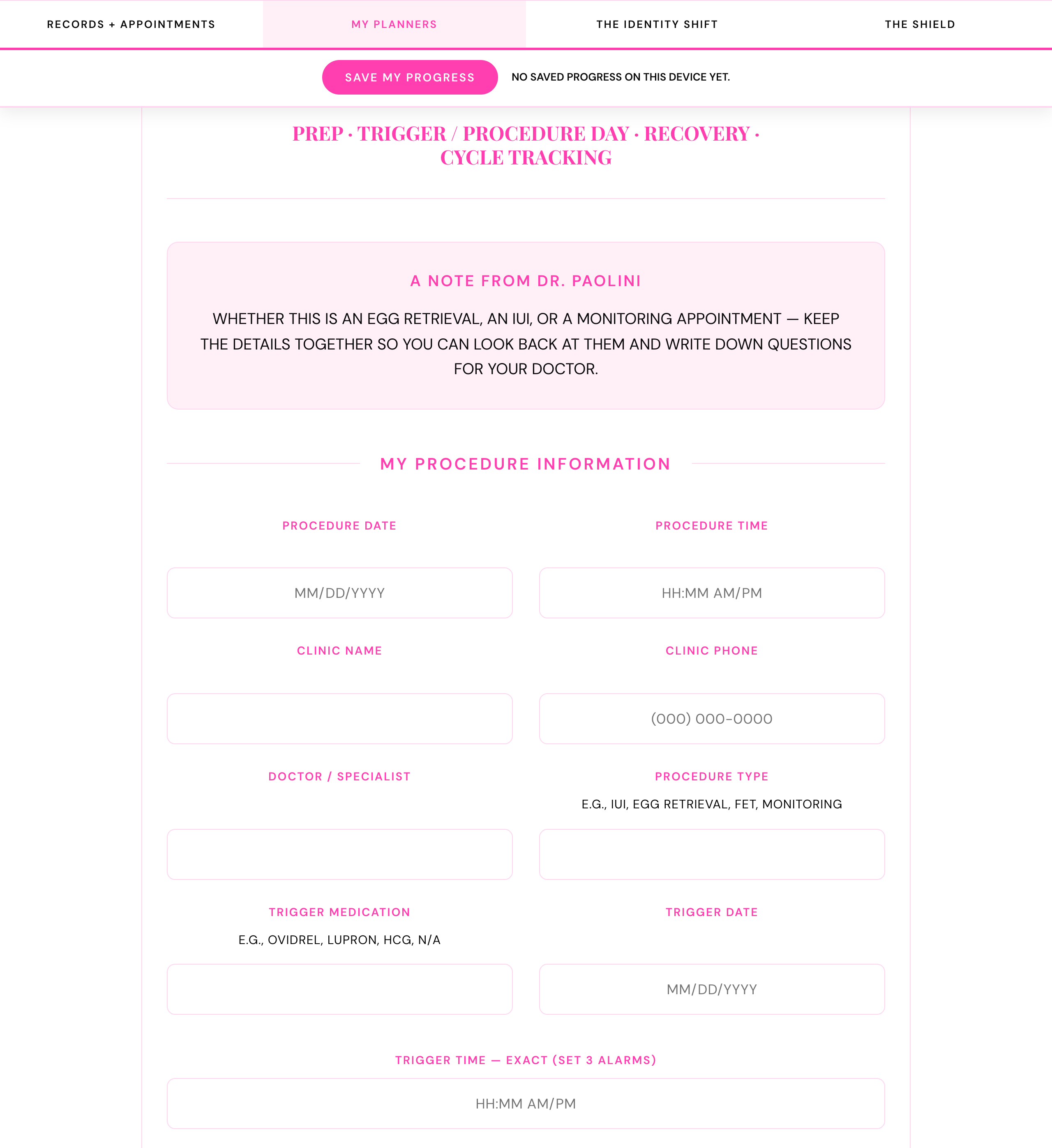 PINNACLE procedure and cycle planner page
